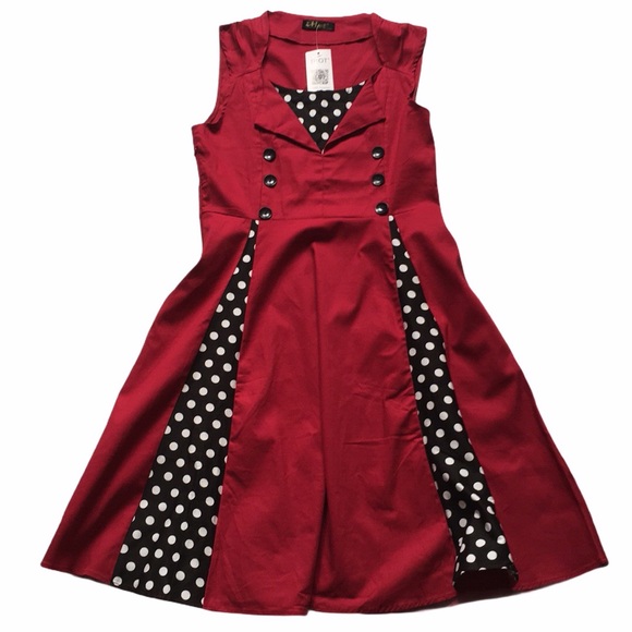 HALLOWEEN COSTUME! iHot Red & Black Polka Dot Button Accent Fit & Flare Dress - Picture 9 of 12